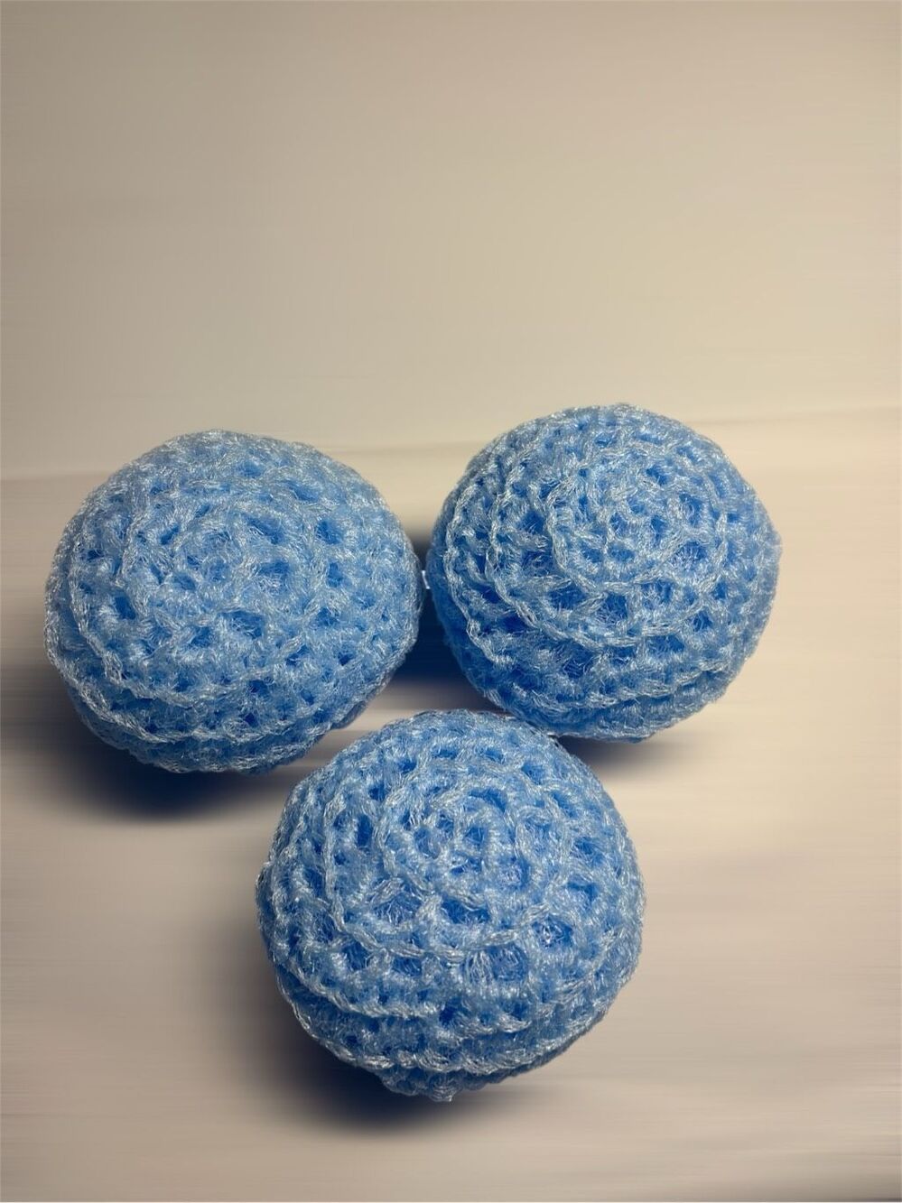3 Handmade crocheted dish scrubbies made with premium nylon netting (sky blue)